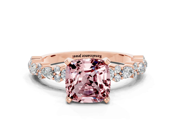 Rose gold Cushion Cut Morganite Side Stone Solitaire Ring with Round  and Four-Prong Setting