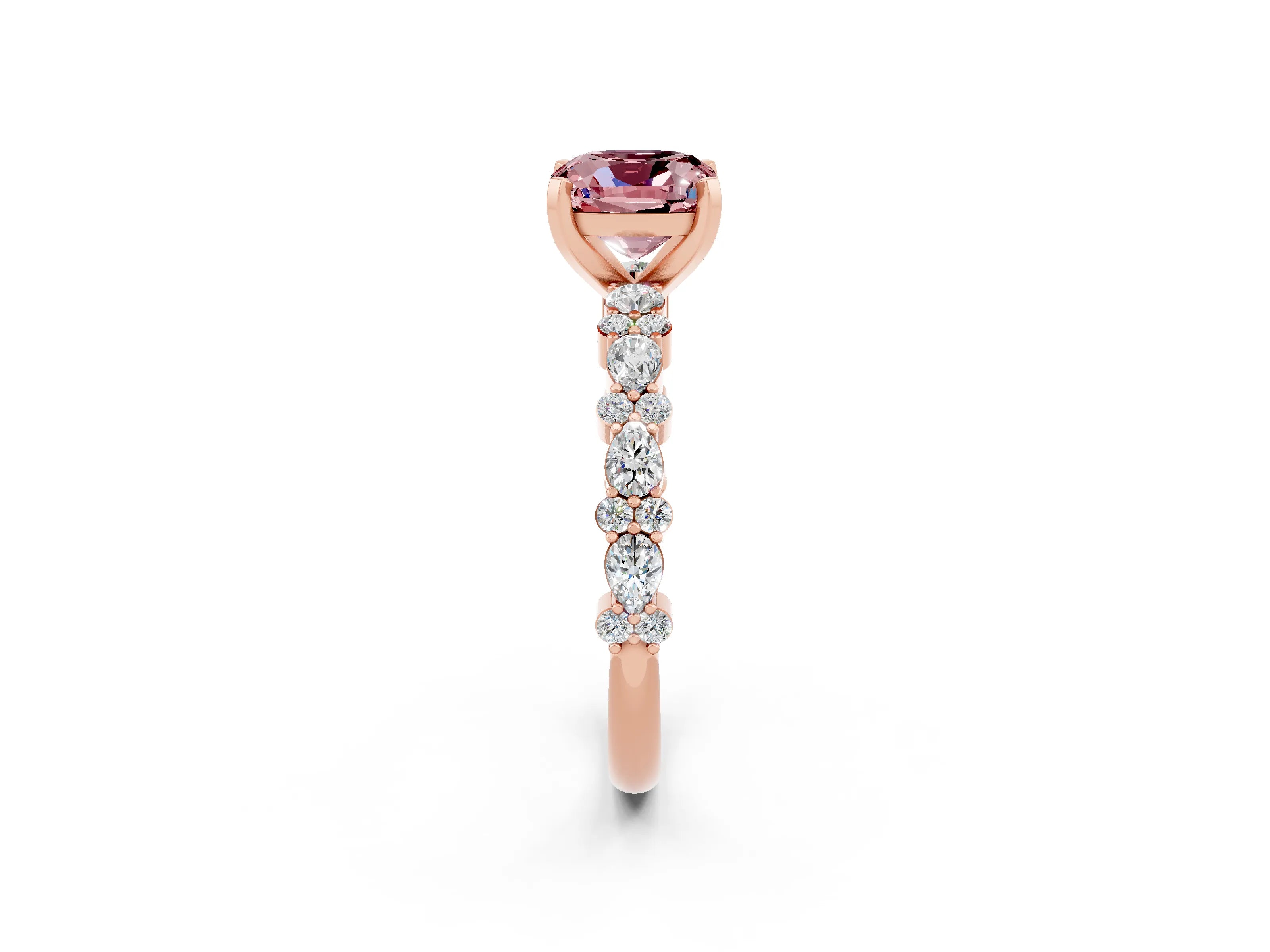 Rose gold Cushion Cut Morganite Solitaire with Side Stones, Pave Band, Four-Prong Setting_38