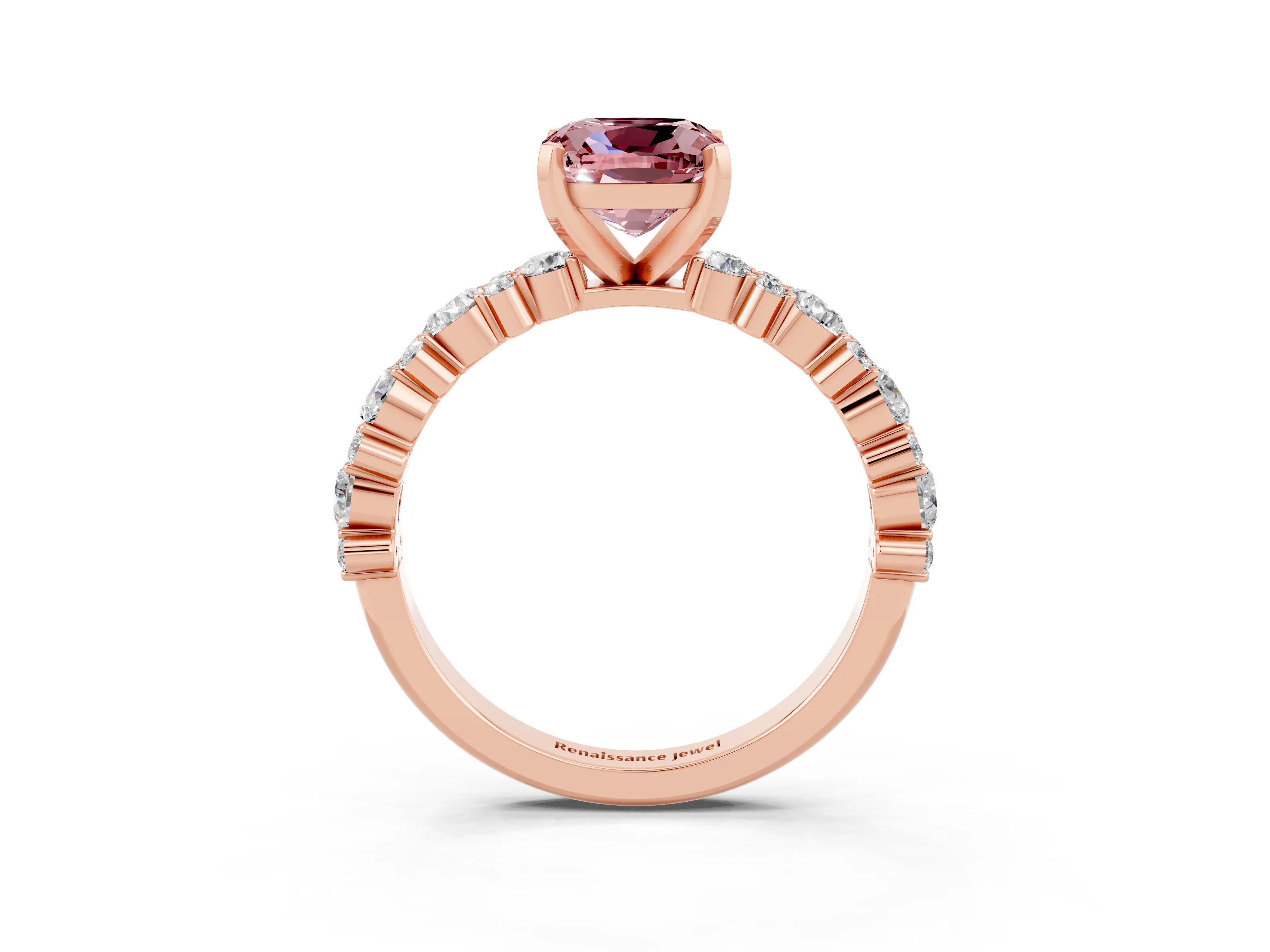 Rose gold Cushion Cut Morganite Solitaire with Side Stones, Pave Band, Four-Prong Setting_39