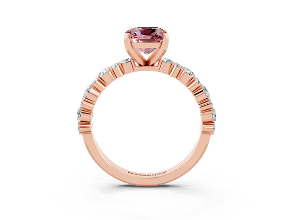 Rose gold Cushion Cut Morganite Side Stone Solitaire Ring with Round  and Four-Prong Setting