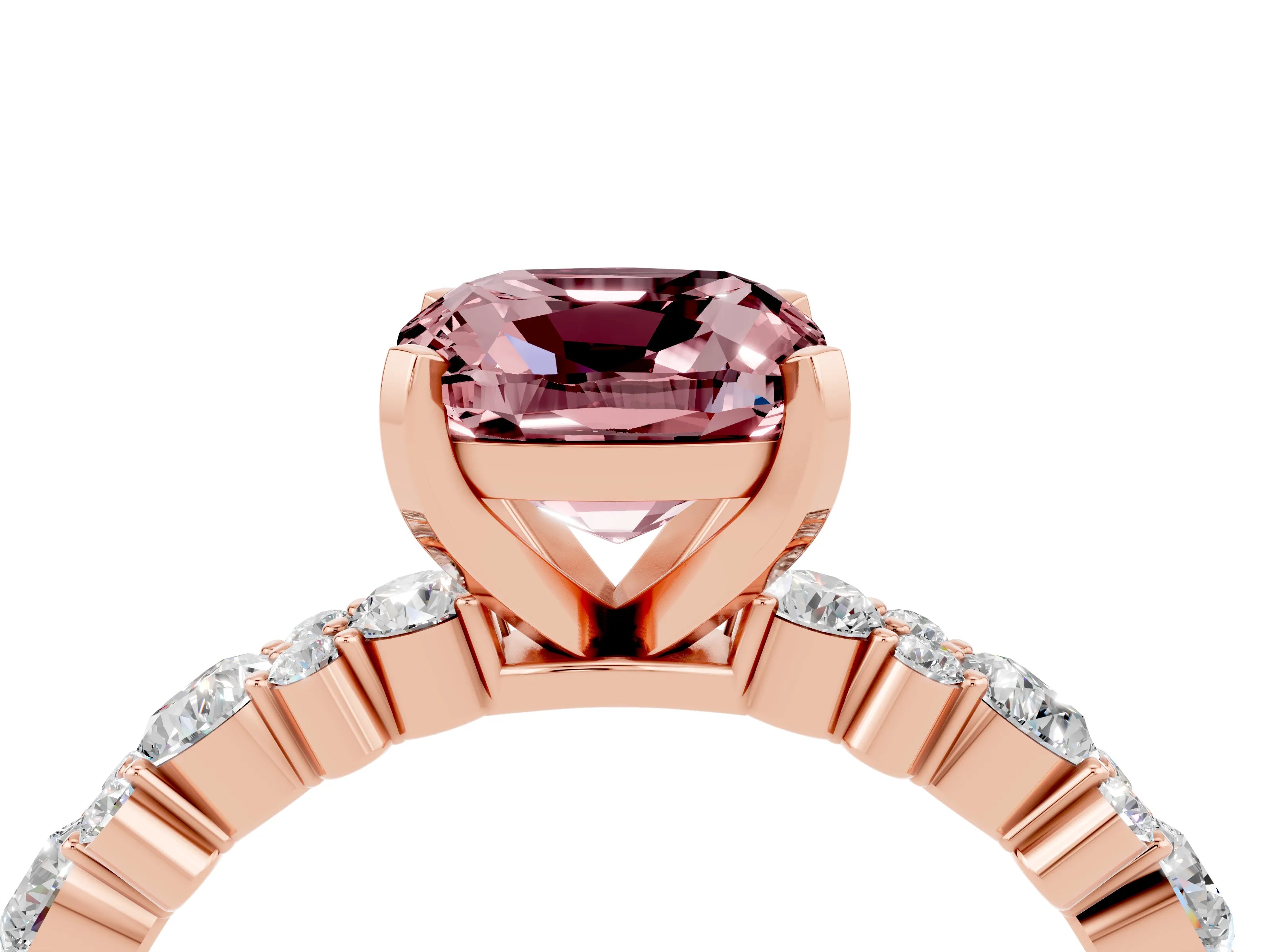 Rose gold Cushion Cut Morganite Solitaire with Side Stones, Pave Band, Four-Prong Setting_40