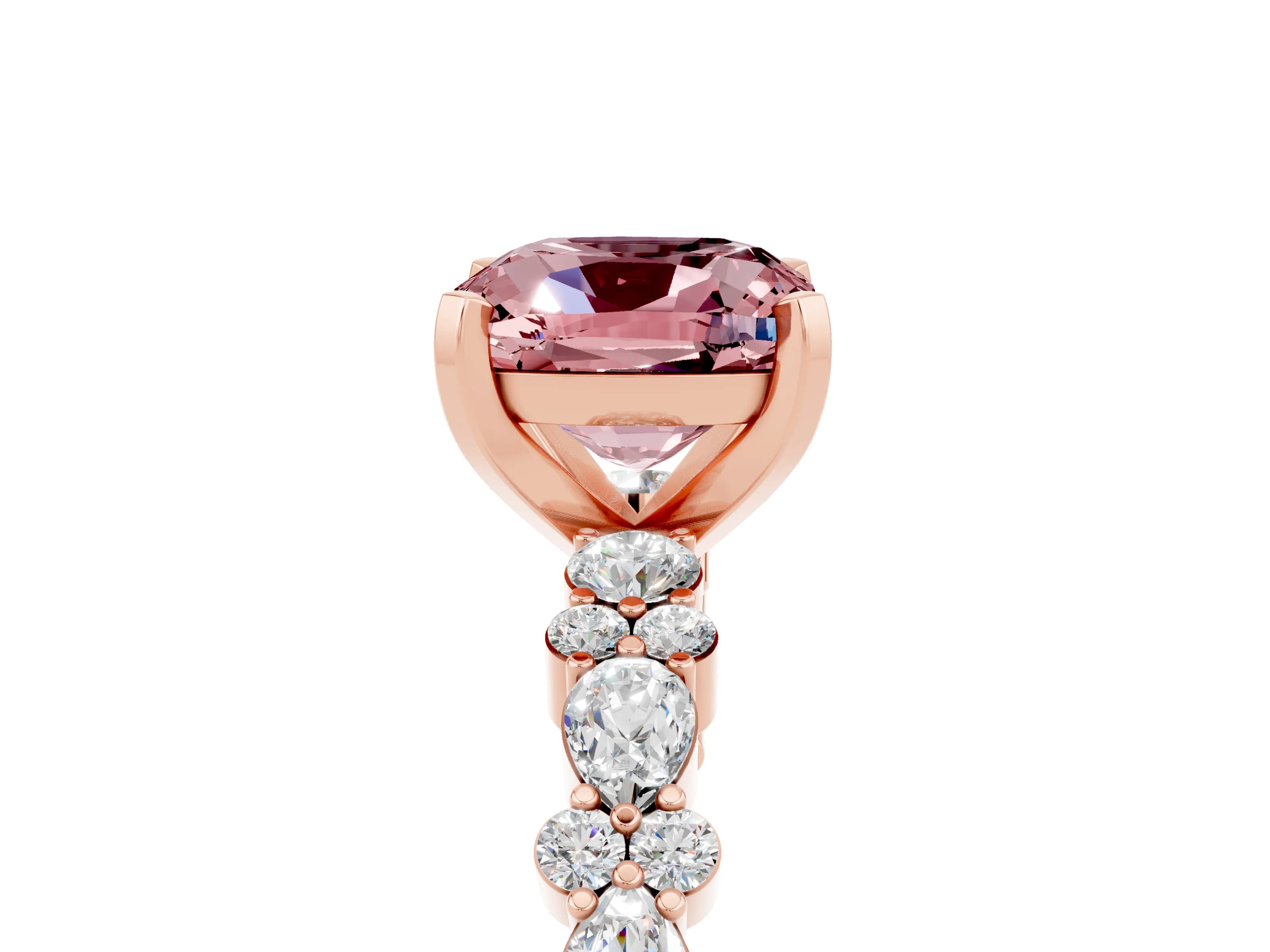 Rose gold Cushion Cut Morganite Solitaire with Side Stones, Pave Band, Four-Prong Setting_41