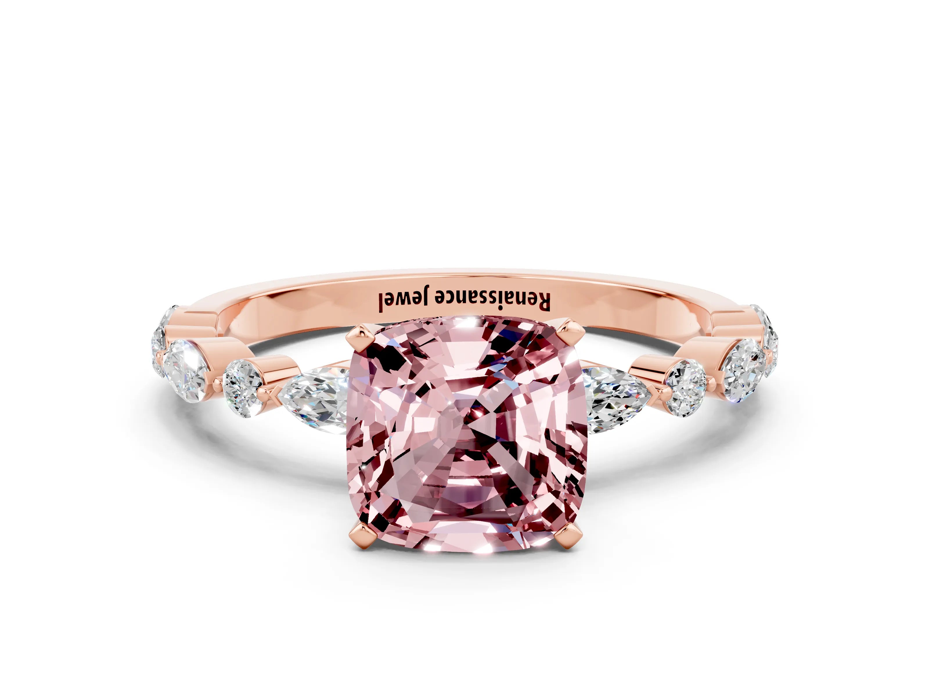 Rose gold Cushion Cut Morganite Solitaire with Side Stones on a Pavé Band and Four-Prong Setting