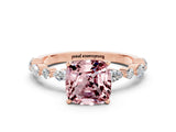 Rose gold Cushion Cut Morganite Solitaire with Side Stones on a Pavé Band and Four-Prong Setting