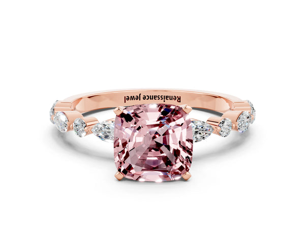 Rose gold Cushion Cut Morganite Ring with Marquise and Round  Side Stones and Four-Prong Setting