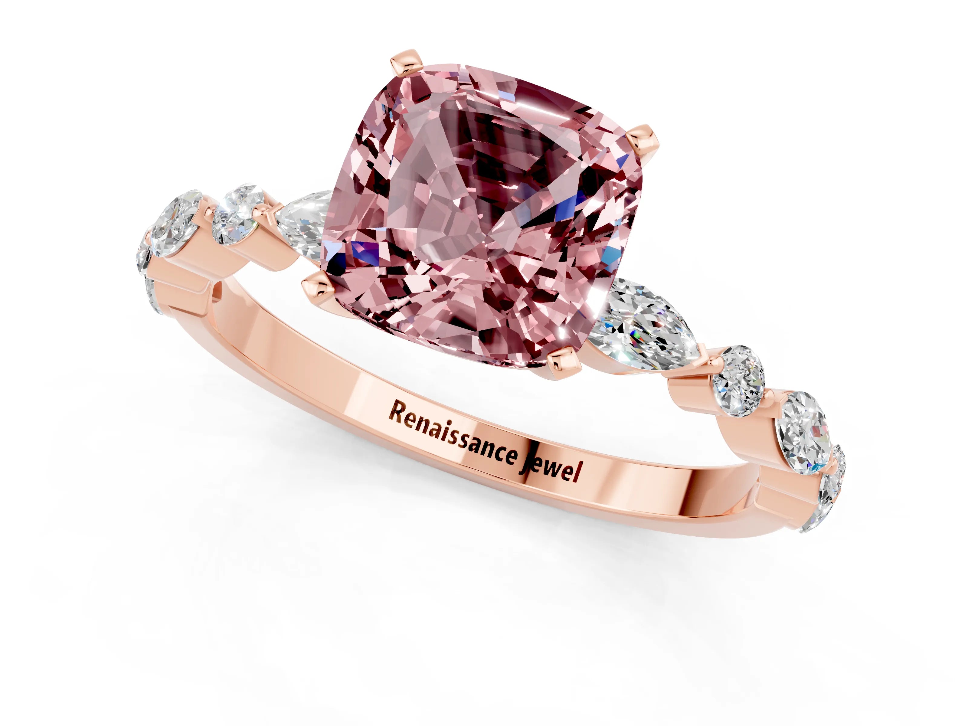 Rose gold Cushion Cut Morganite Solitaire with Side Stones on a Pavé Band and Four-Prong Setting_1