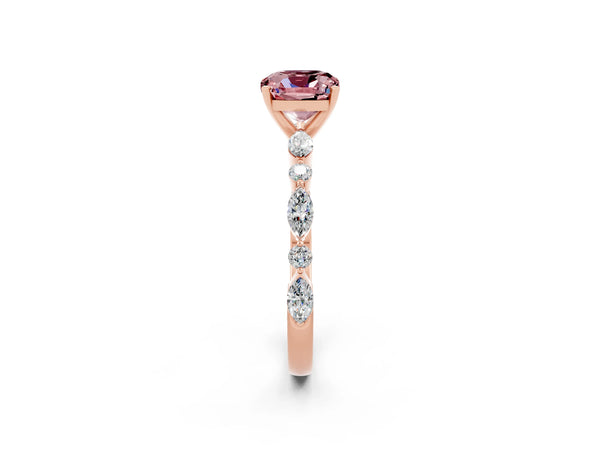 Rose gold Cushion Cut Morganite Ring with Marquise and Round  Side Stones and Four-Prong Setting
