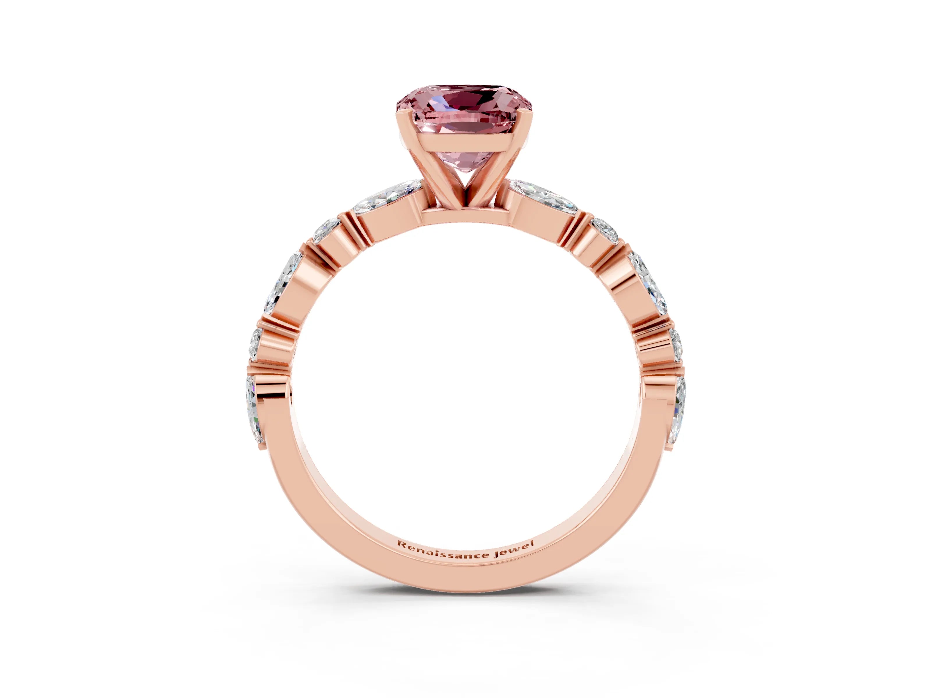 Rose gold Cushion Cut Morganite Solitaire with Side Stones on a Pavé Band and Four-Prong Setting_3