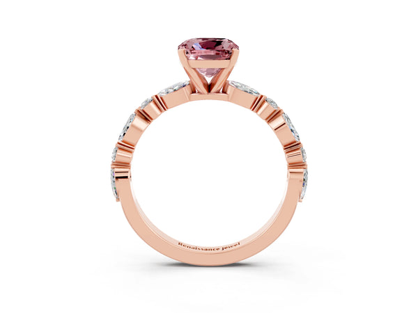 Rose gold Cushion Cut Morganite Ring with Marquise and Round  Side Stones and Four-Prong Setting