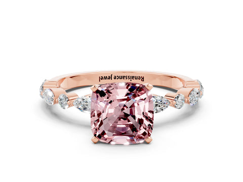 Rose gold Cushion Cut Morganite Solitaire with Side Stones on a Pavé Band and Four-Prong Setting