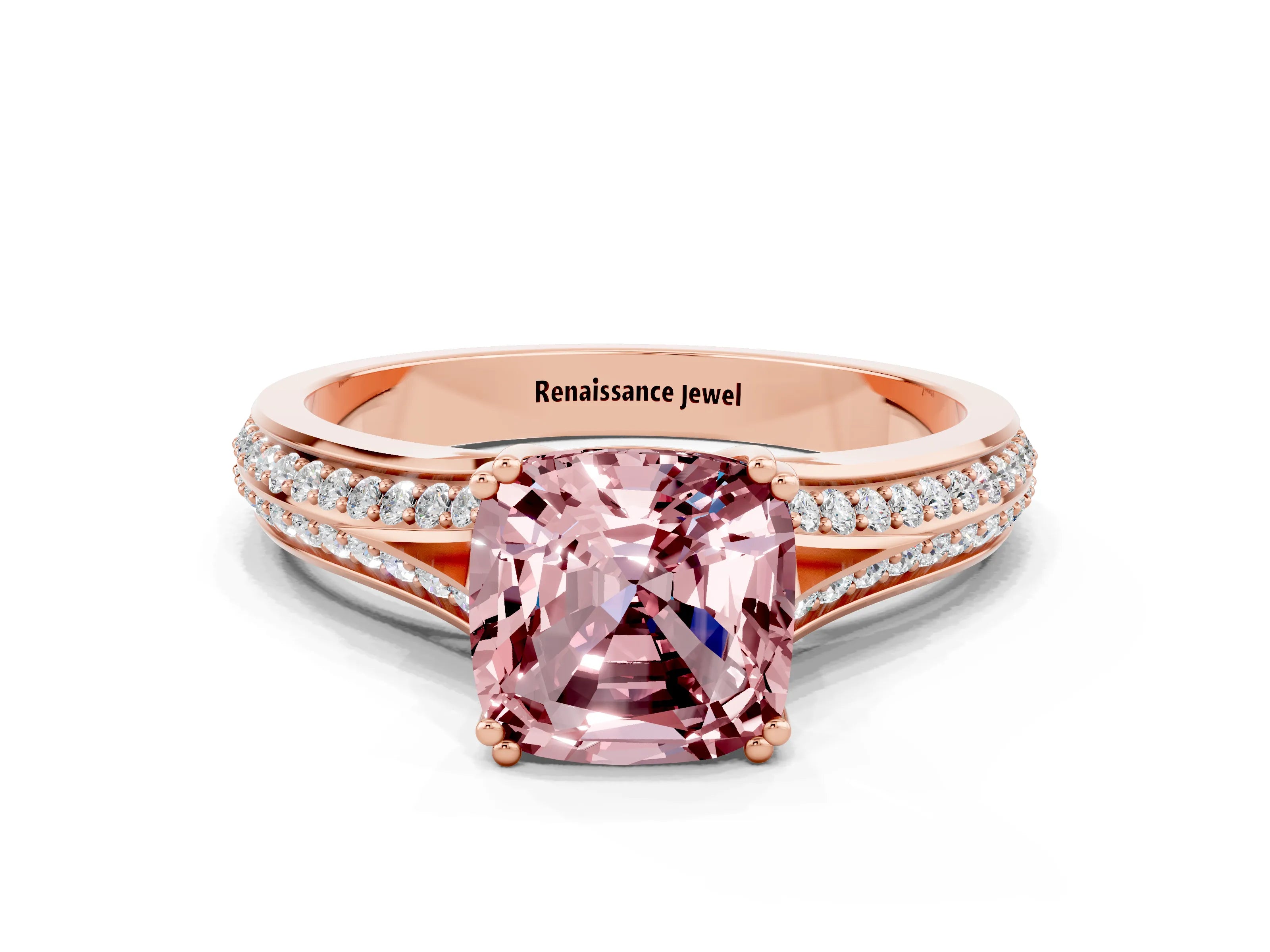 Rose gold Cushion Cut Morganite Split Shank Engagement Ring with Pavé Band