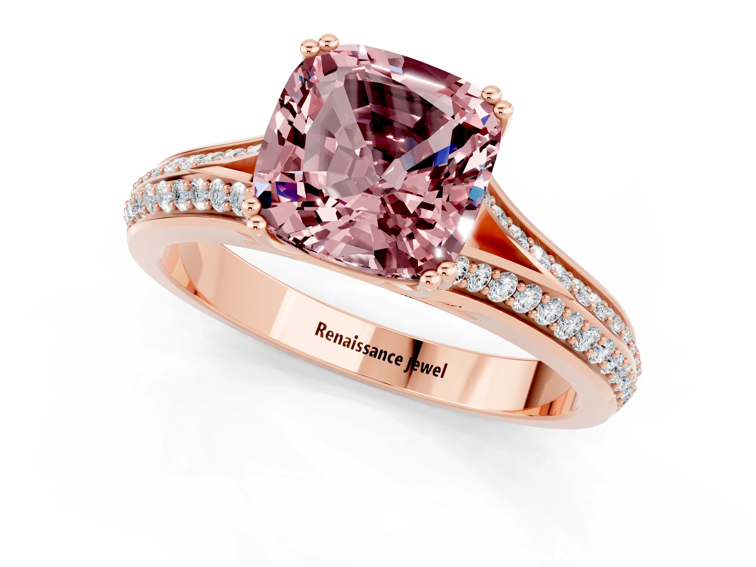 Rose gold Cushion Cut Morganite Split Shank Engagement Ring with Pavé Band_1