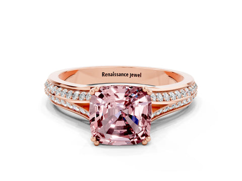 Rose gold Cushion Cut Morganite Split Shank Engagement Ring with Pavé Band