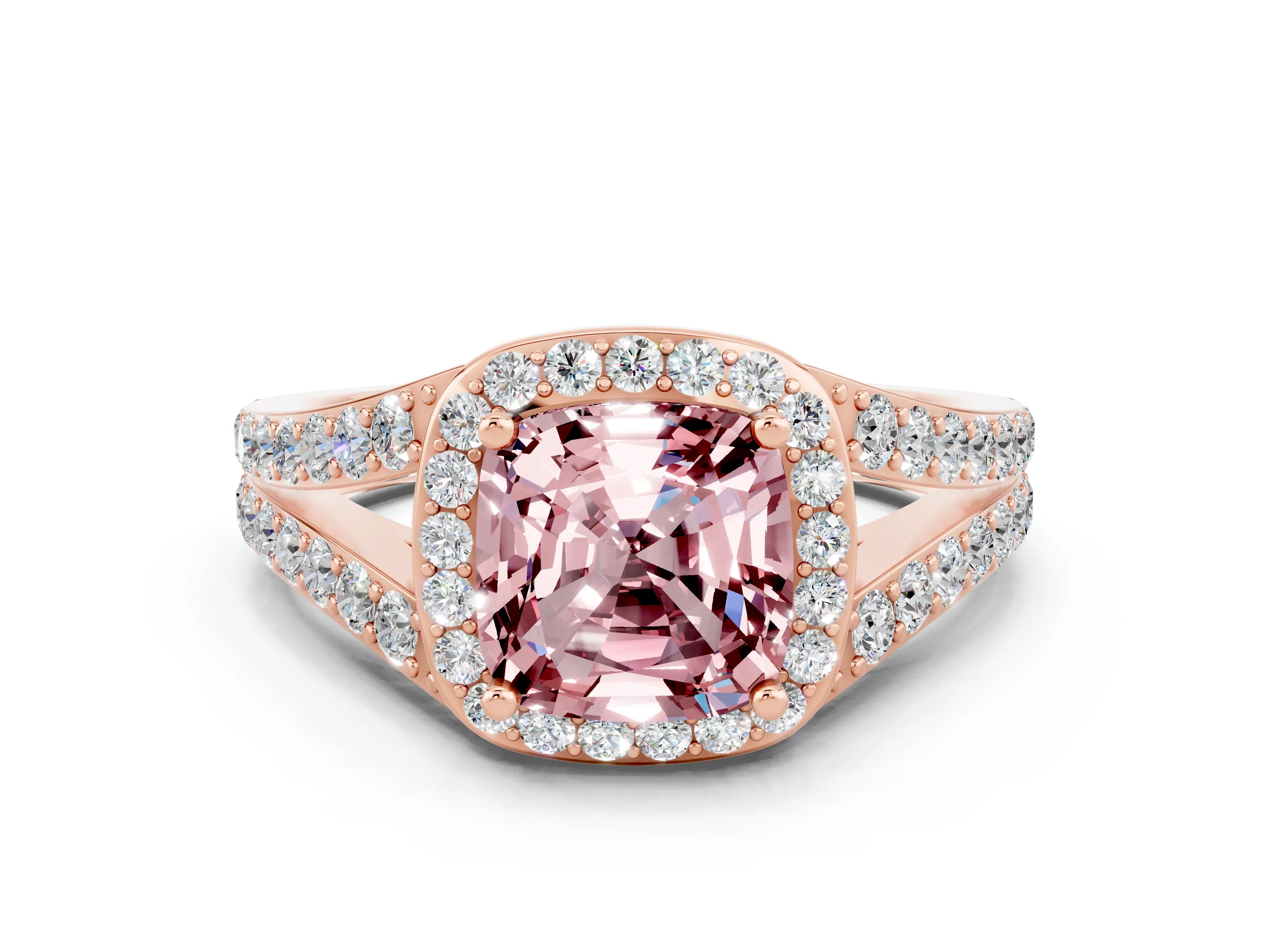 Rose gold Cushion Cut Morganite Split Shank Halo Ring with Four-Prong Setting_12