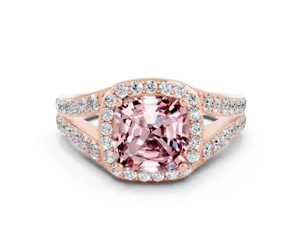 Rose gold Cushion Cut Morganite Split Shank Halo Ring with Four-Prong Setting