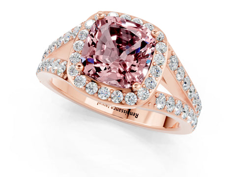 Rose gold Cushion Cut Morganite Split Shank Halo Ring with Four-Prong Setting_13