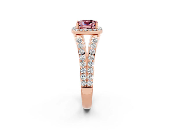 Rose gold Cushion Cut Morganite Split Shank Halo Ring with Four-Prong Setting