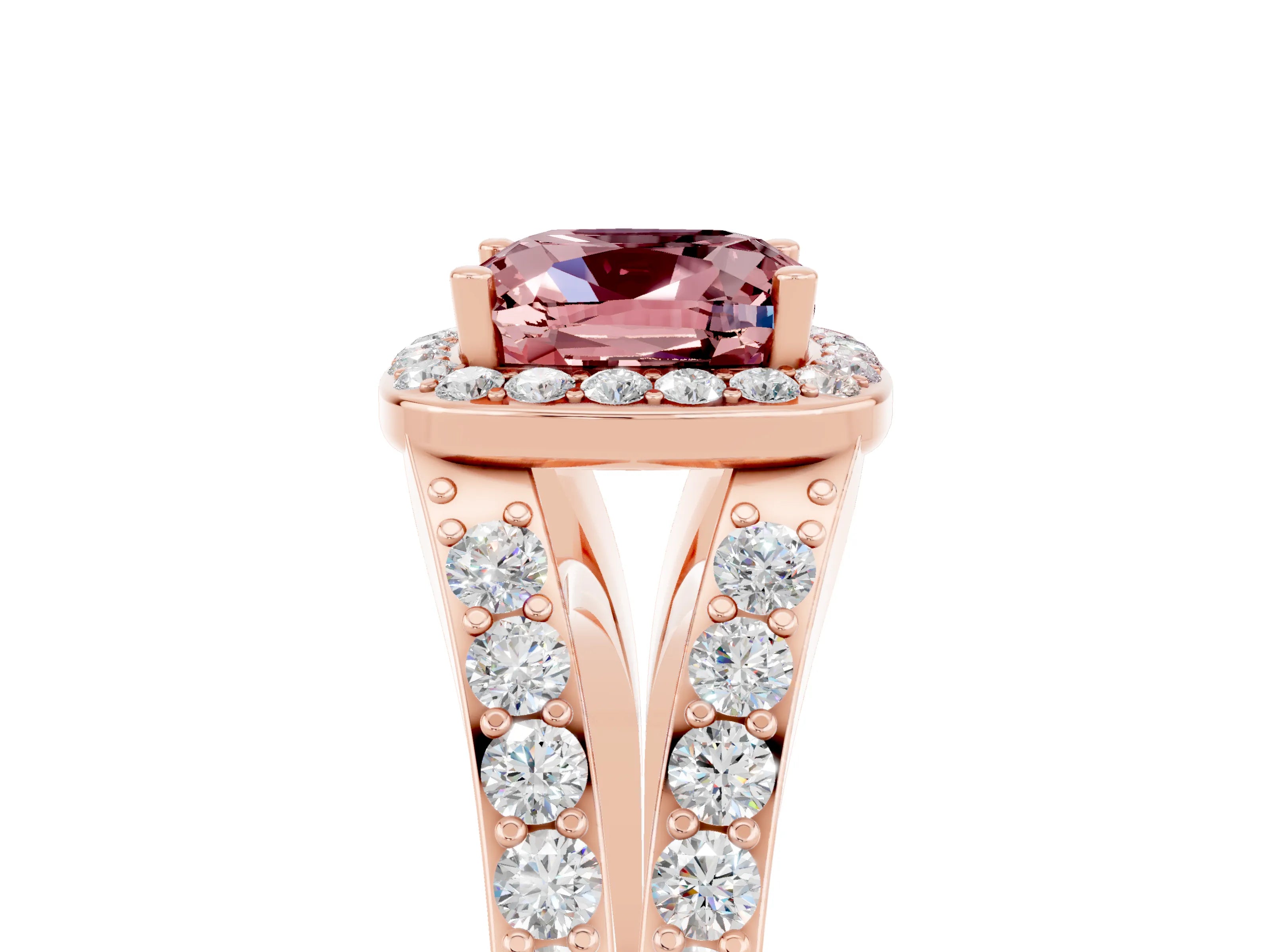 Rose gold Cushion Cut Morganite Split Shank Halo Ring with Four-Prong Setting_17