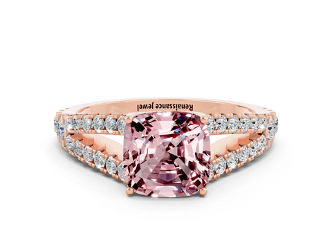 Rose gold Cushion Cut Morganite Split Shank Pavé Engagement Ring with Four-Prong Setting_12