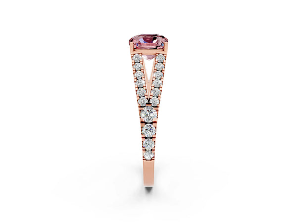 Rose gold Cushion Cut Morganite Split Shank Pavé Engagement Ring with Four-Prong Setting