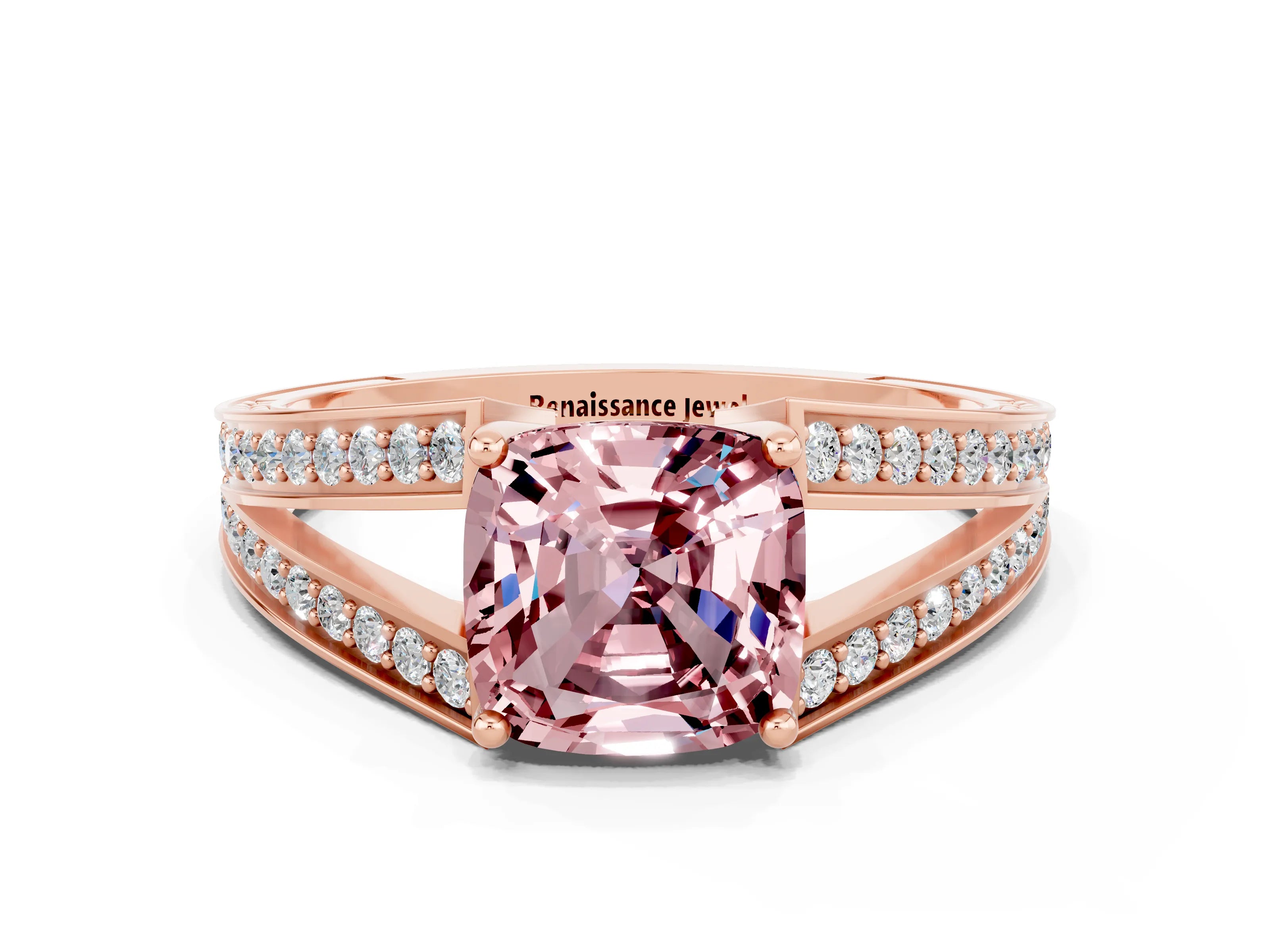 Rose gold Cushion Cut Morganite Split Shank Ring with Pavé Band and Four-Prong Setting