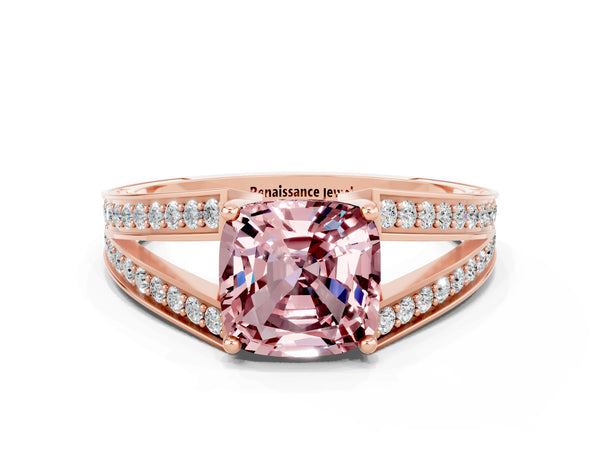 Rose gold Cushion Cut Morganite Split Shank Ring with Pavé Band and Four-Prong Setting