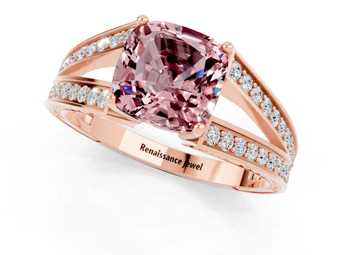 Rose gold Cushion Cut Morganite Split Shank Ring with Pavé Band and Four-Prong Setting_1