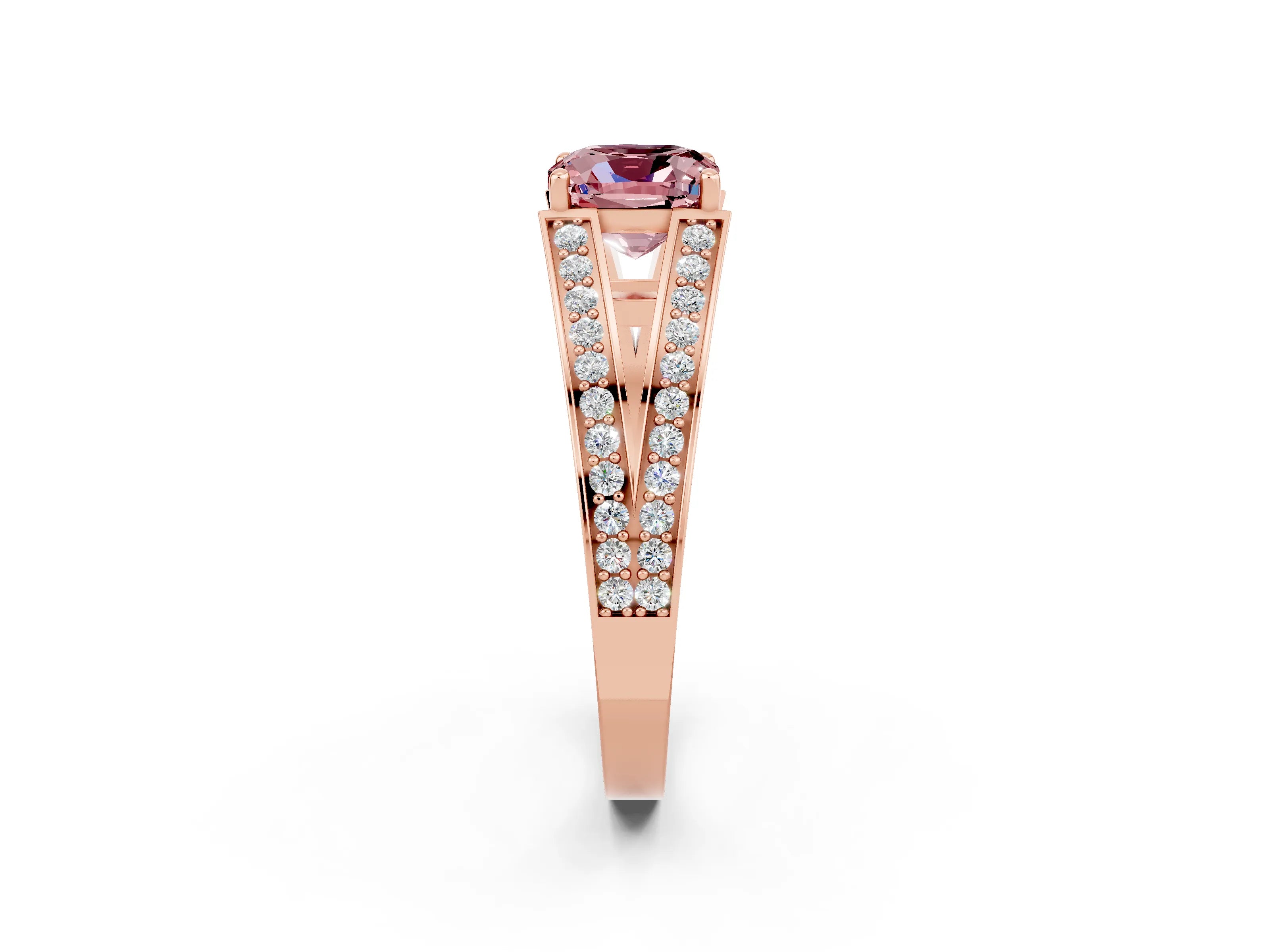Rose gold Cushion Cut Morganite Split Shank Ring with Pavé Band and Four-Prong Setting_2