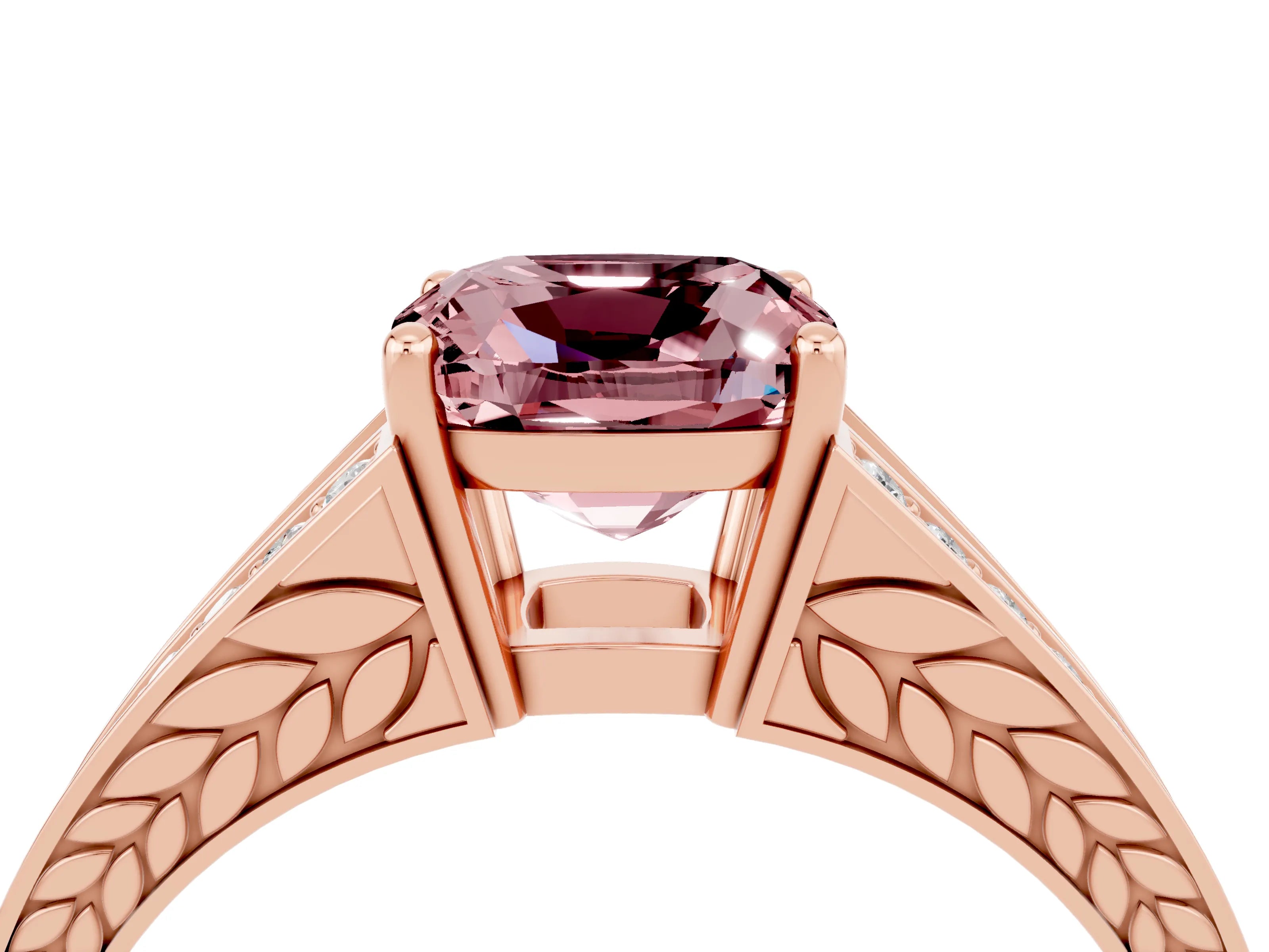 Rose gold Cushion Cut Morganite Split Shank Ring with Pavé Band and Four-Prong Setting_4