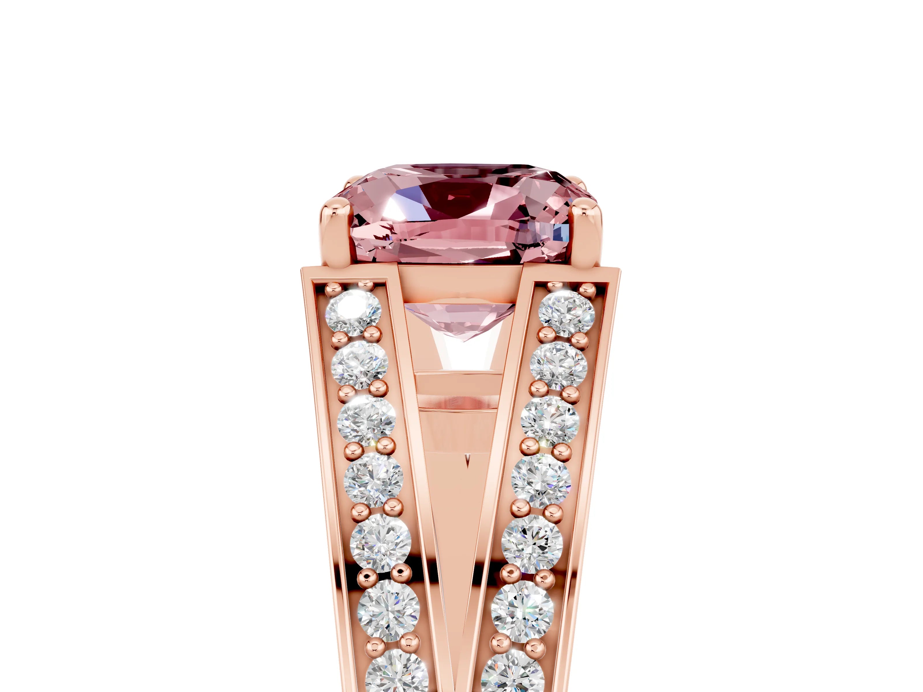 Rose gold Cushion Cut Morganite Split Shank Ring with Pavé Band and Four-Prong Setting_5