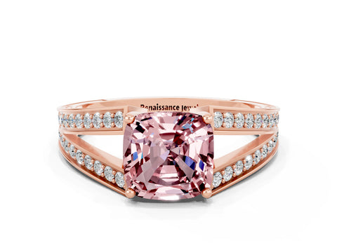 Rose gold Cushion Cut Morganite Split Shank Ring with Pavé Band and Four-Prong Setting
