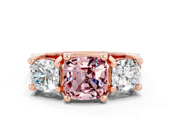 Rose gold Cushion Cut Morganite Three-Stone Ring with Channel Set Band and Four-Prong Setting