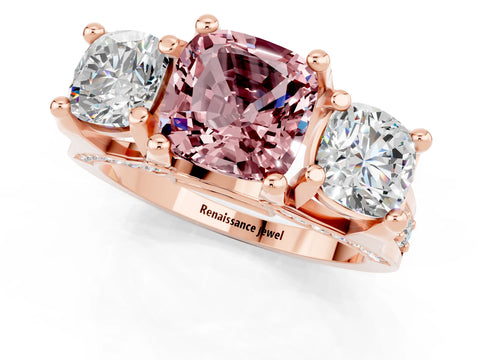 Rose gold Cushion Cut Morganite Three-Stone Ring with Channel Set Band and Four-Prong Setting_1