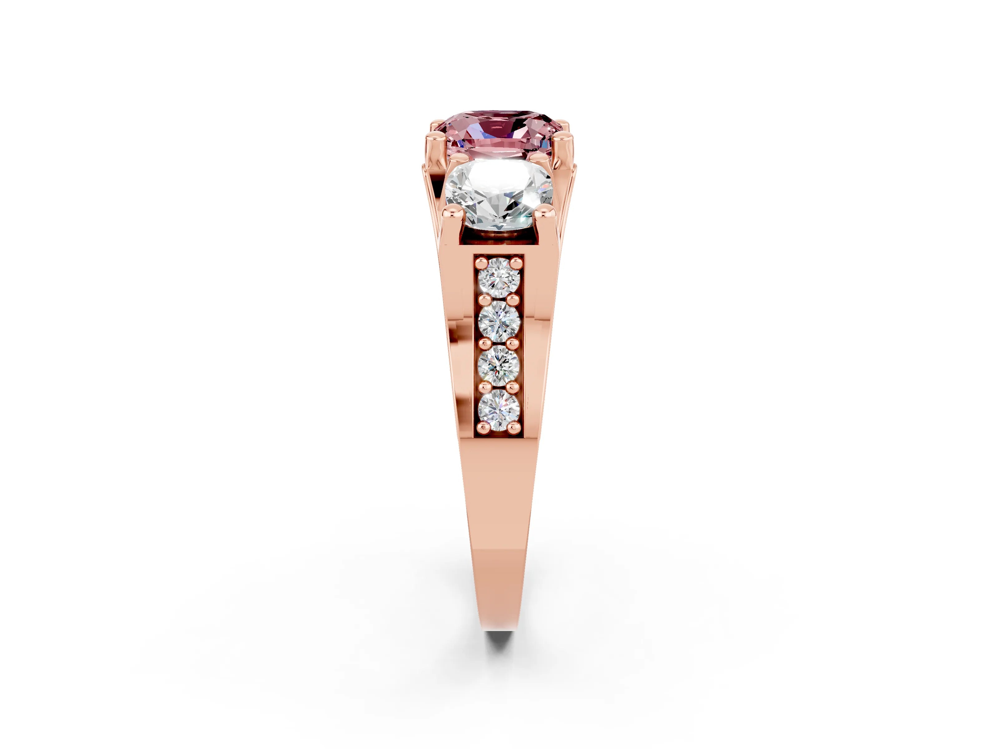 Rose gold Cushion Cut Morganite Three-Stone Ring with Channel Set Band and Four-Prong Setting_2