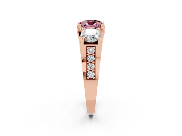Rose gold Cushion Cut Morganite Three-Stone Ring with Channel Set Band and Four-Prong Setting