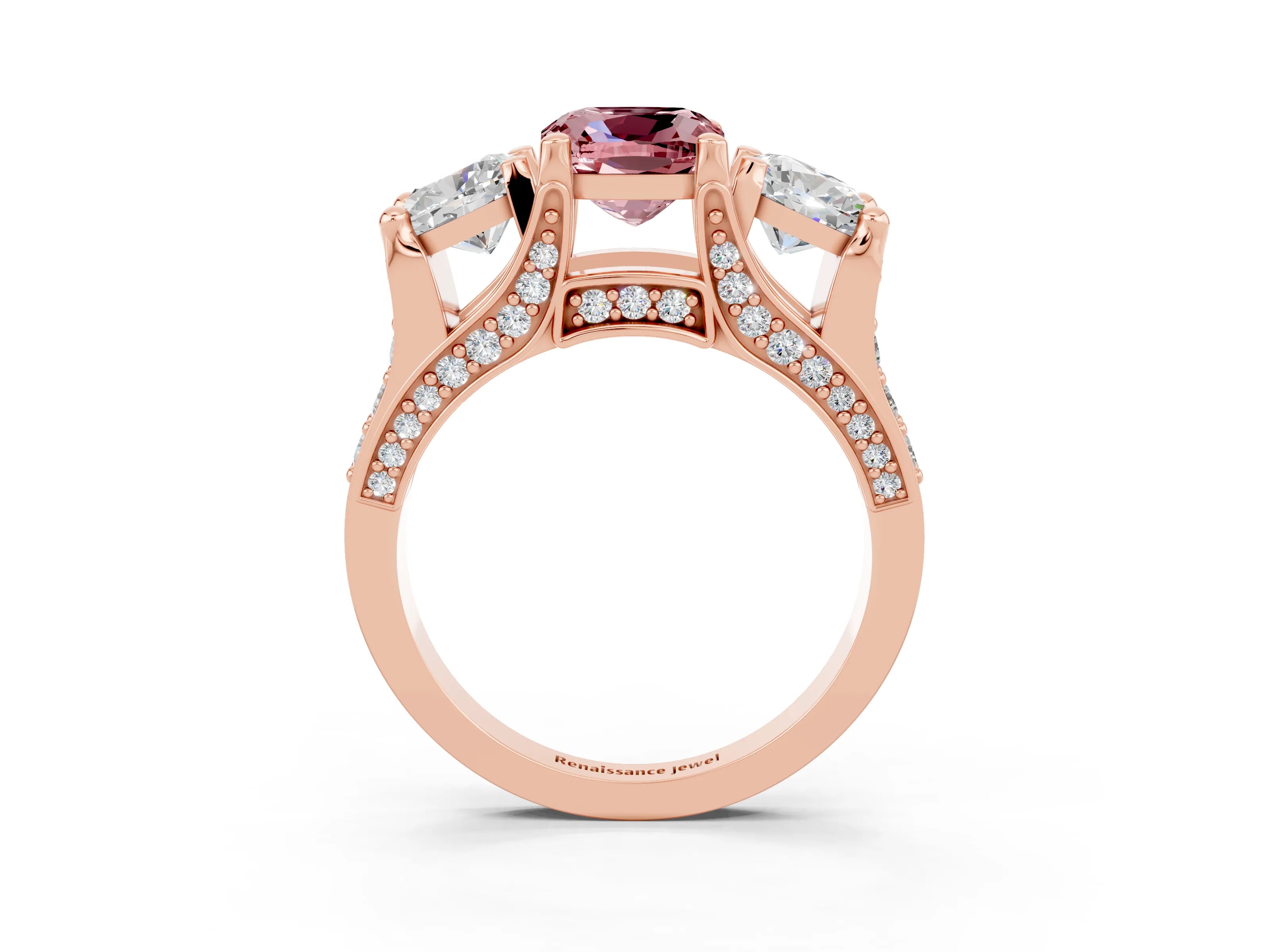 Rose gold Cushion Cut Morganite Three-Stone Ring with Channel Set Band and Four-Prong Setting_3