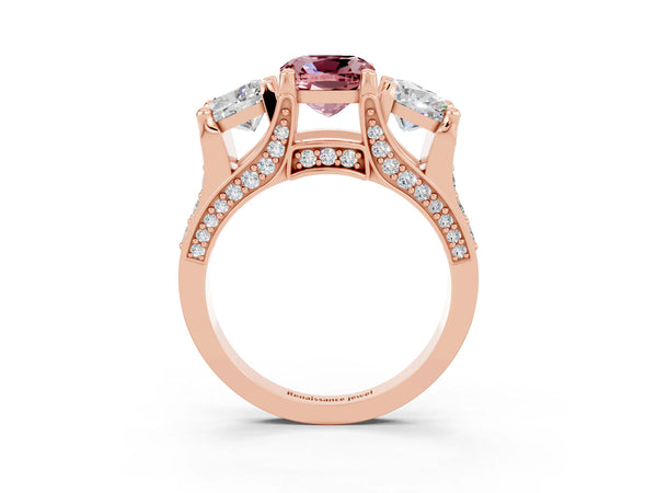 Rose gold Cushion Cut Morganite Three-Stone Ring with Channel Set Band and Four-Prong Setting