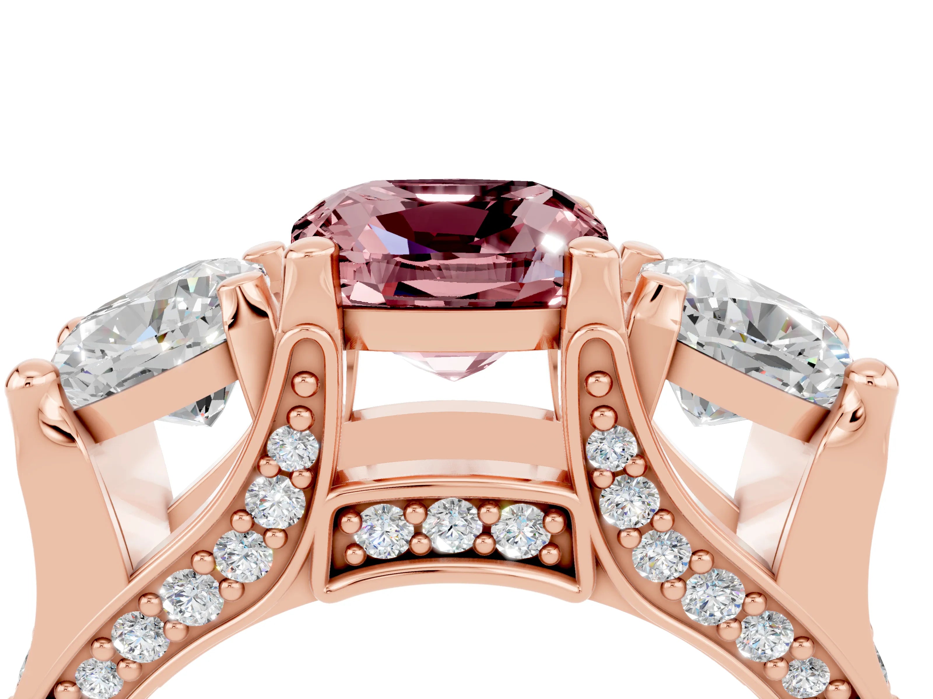 Rose gold Cushion Cut Morganite Three-Stone Ring with Channel Set Band and Four-Prong Setting_4