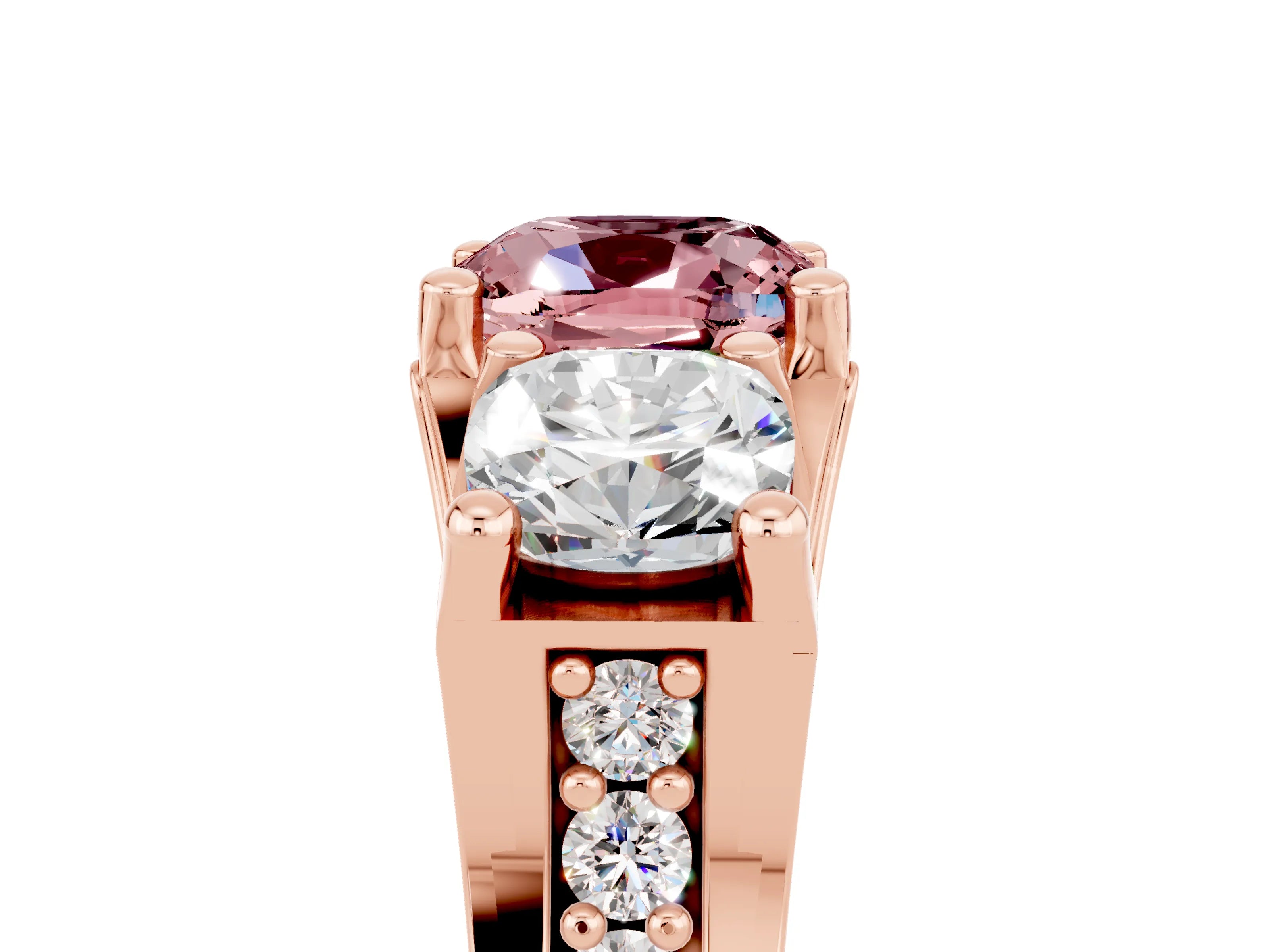 Rose gold Cushion Cut Morganite Three-Stone Ring with Channel Set Band and Four-Prong Setting_5