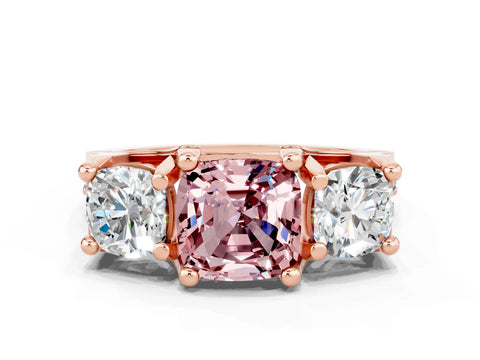 Rose gold Cushion Cut Morganite Three-Stone Ring with Channel Set Band and Four-Prong Setting