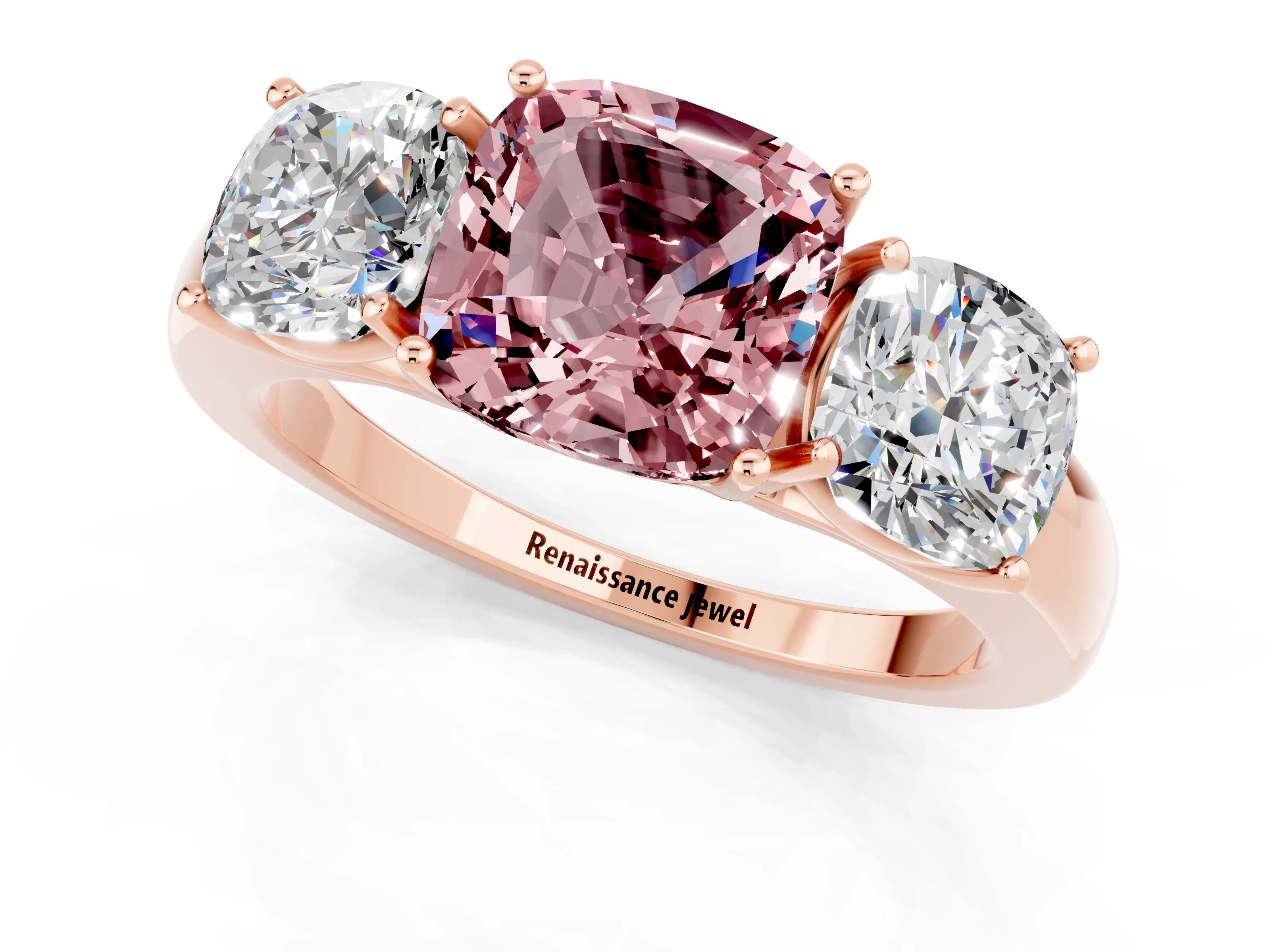 Rose gold Cushion Cut Morganite Three-Stone Ring with Four-Prong Setting and Classic Band_1