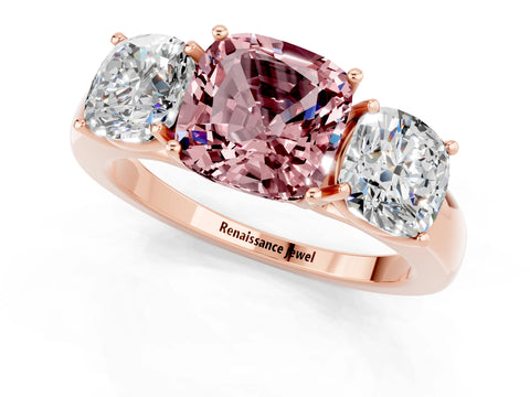 Rose gold Cushion Cut Morganite Three-Stone Ring with Four-Prong Setting and Classic Band_1