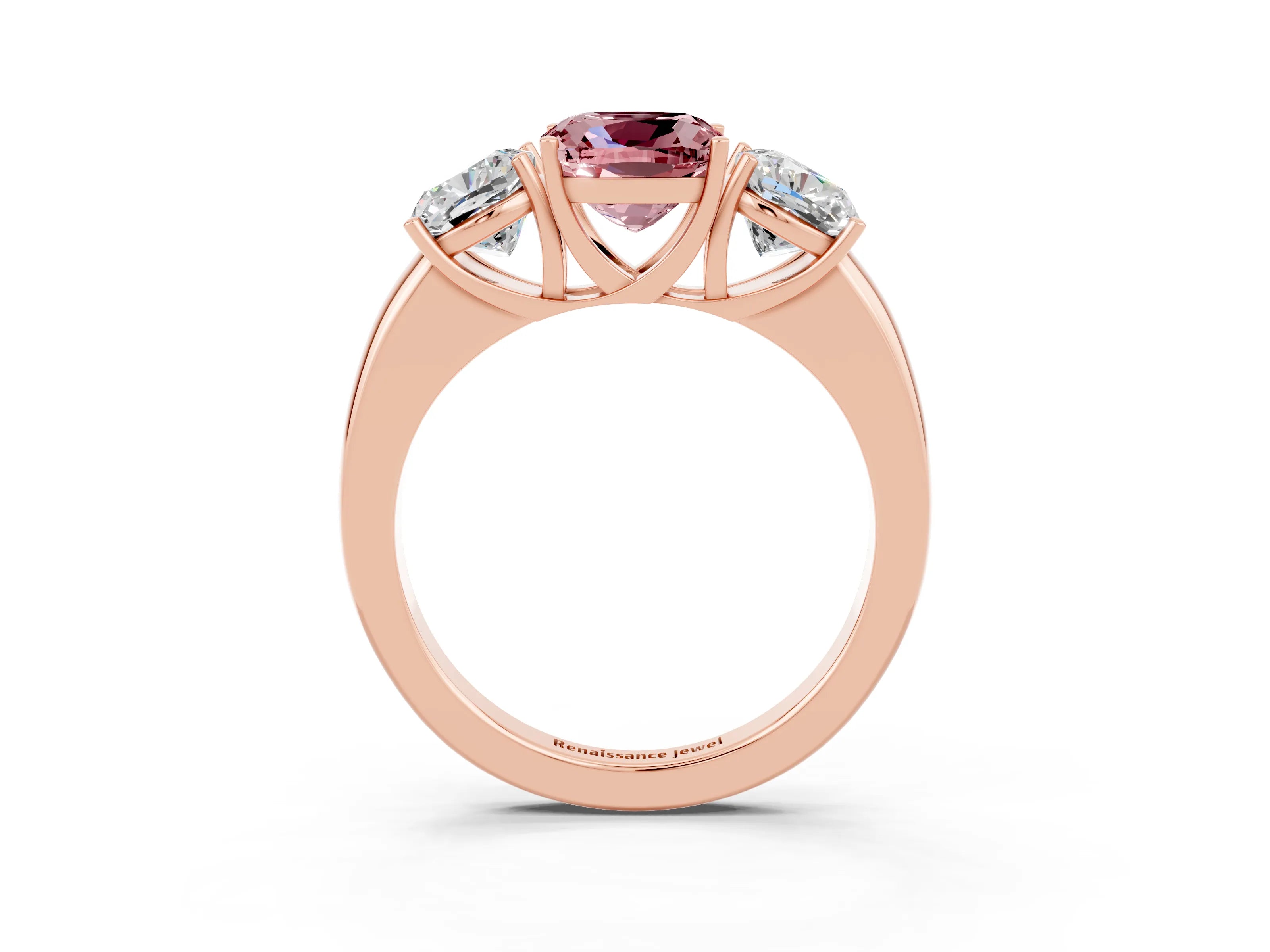 Rose gold Cushion Cut Morganite Three-Stone Ring with Four-Prong Setting and Classic Band_3