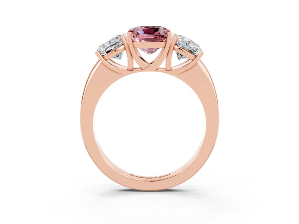 Rose gold Cushion Cut Morganite Three-Stone Ring with Four-Prong Setting and Classic Band