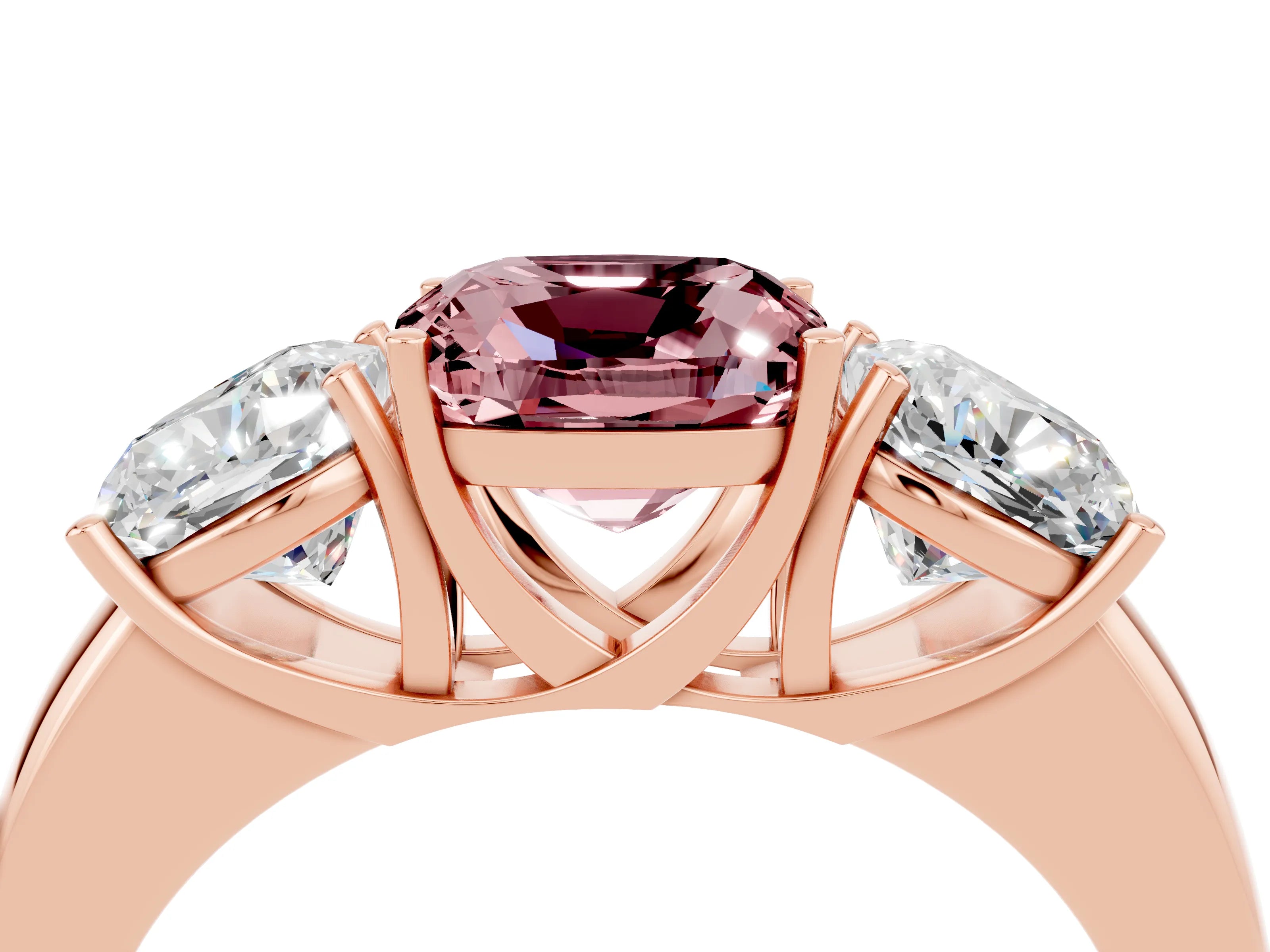 Rose gold Cushion Cut Morganite Three-Stone Ring with Four-Prong Setting and Classic Band_4
