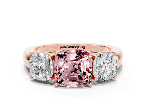Rose gold Cushion Cut Morganite Three-Stone Ring with Four-Prong Setting and Classic Band