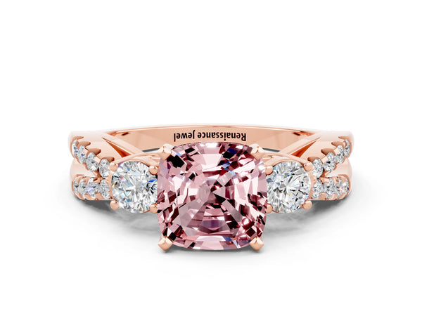 Rose gold Cushion Cut Morganite Three-Stone Ring with Pavé Split Shank and Four-Prong Setting