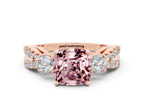 Rose gold Cushion Cut Morganite Three-Stone Ring with Pavé Split Shank and Four-Prong Setting_12
