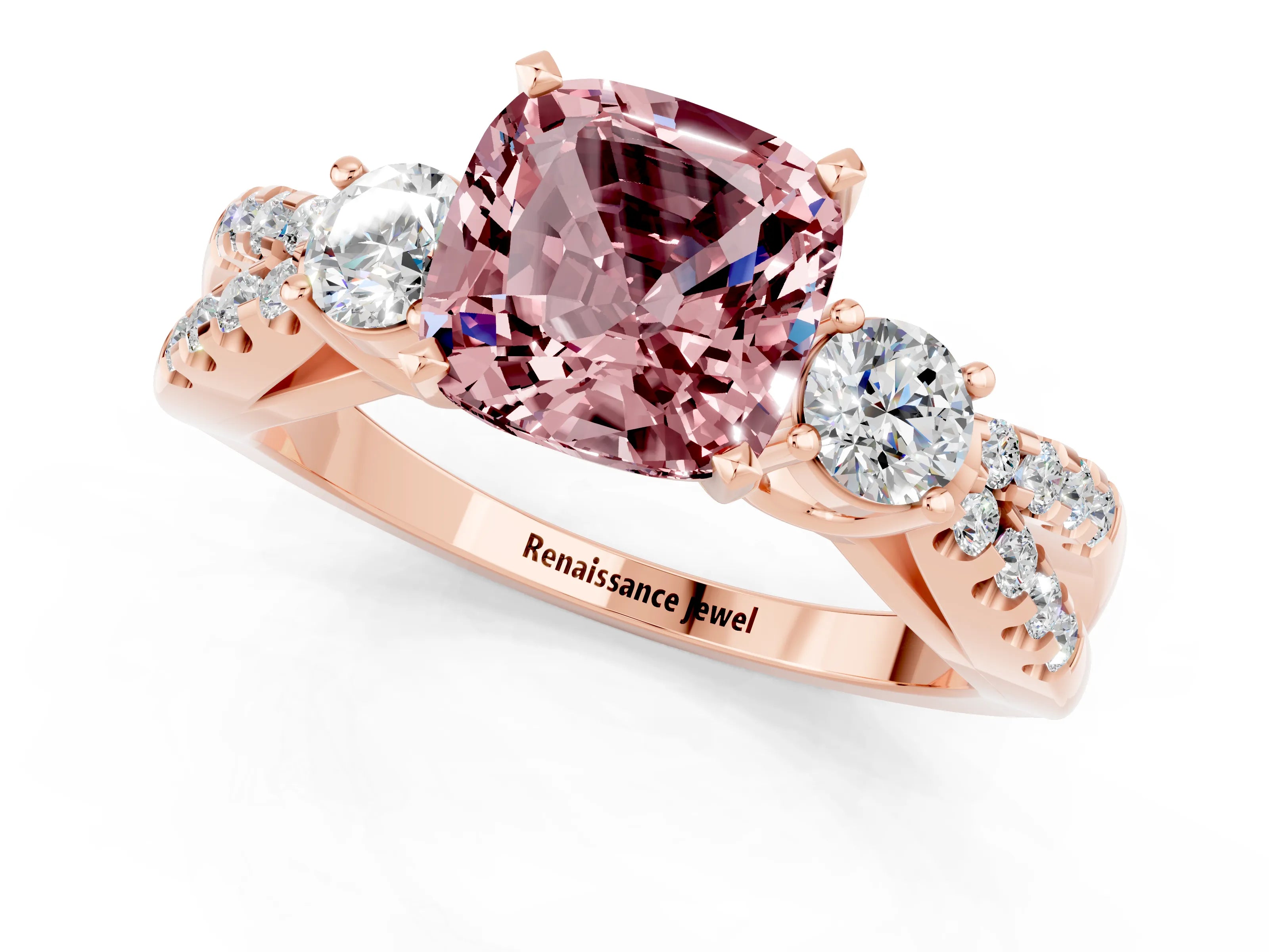 Rose gold Cushion Cut Morganite Three-Stone Ring with Pavé Split Shank and Four-Prong Setting_13