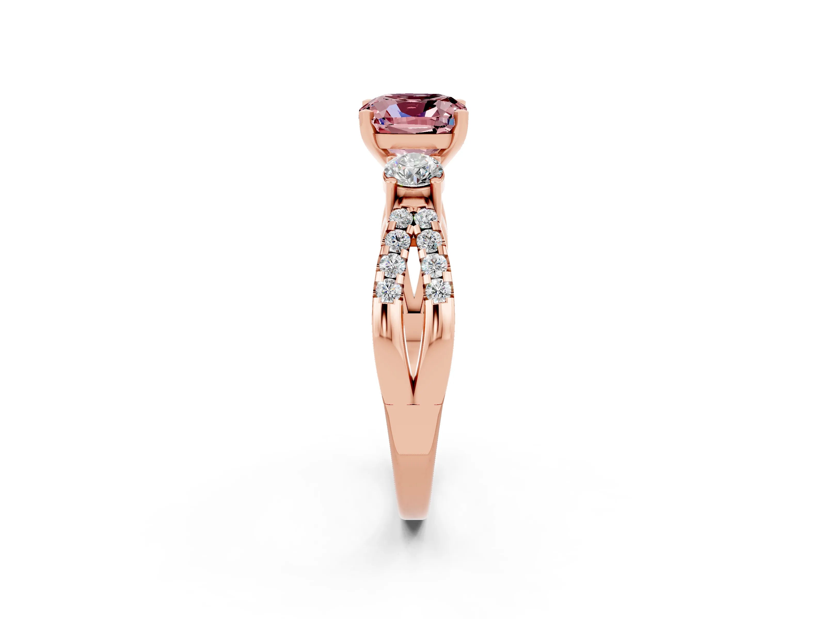 Rose gold Cushion Cut Morganite Three-Stone Ring with Pavé Split Shank and Four-Prong Setting_14